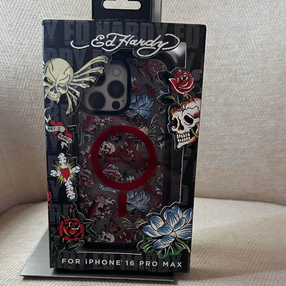 Ed Hardy Skull and Floral iPhone 16 Pro Max Case - Red and Blue
